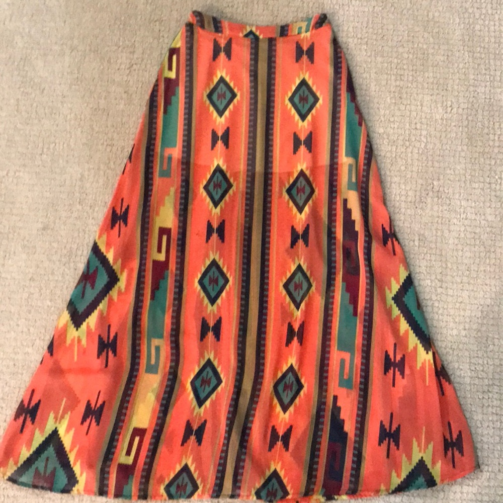 On trend tribal print bright maxi skirt.